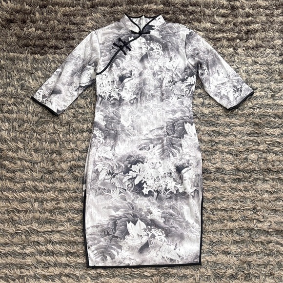Dresses & Skirts - White and Black Water Painting Floral Qipao Dress, Mid-Sleeve, Fit Women’s S/M